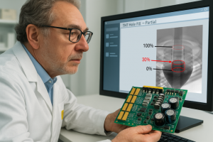 An experienced soldering expert sitting in front of a screen showing a x-ray image of a THT solder joint with insufficient barrel fill